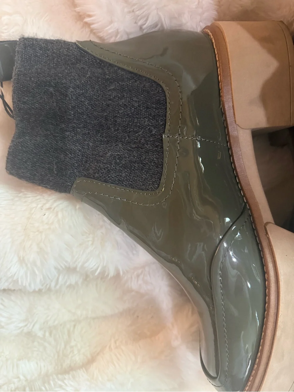 Dolce Vita Olive Green Patent Chelsea Rain/ winter Boots with Dark Knit Collar